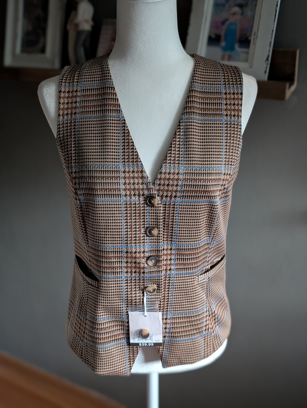 NWT Plaid Tailored Waistcoat Vest Dark Academia Preppy Brown Blue Size S